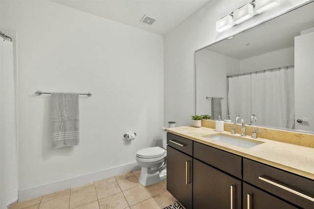 bathroom featuring toilet, visible vents, baseboards, vanity, and tile patterned floors