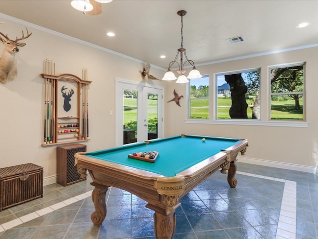 rec room featuring ornamental molding and pool table