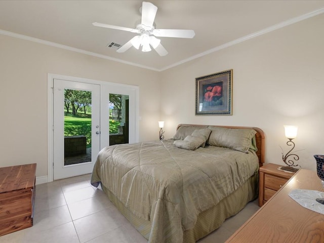 tiled bedroom with access to outside, ceiling fan, and crown molding