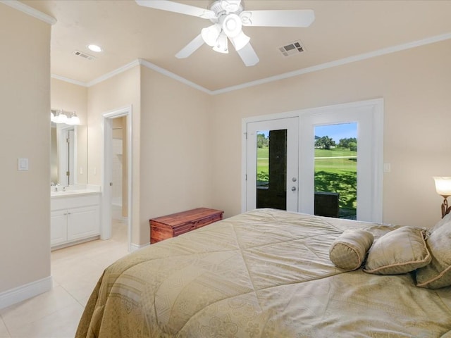 bedroom featuring access to exterior, ceiling fan, crown molding, and ensuite bathroom