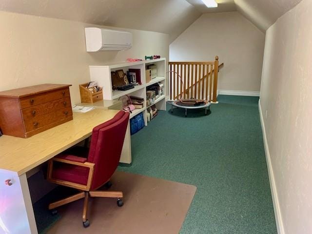 carpeted office space with a wall mounted air conditioner and lofted ceiling