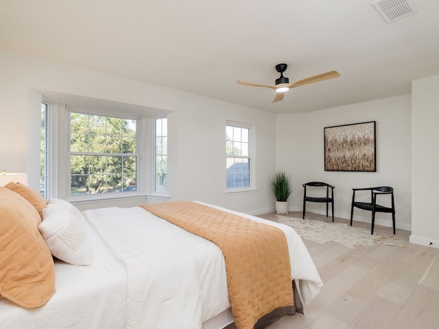 bedroom featuring ceiling fan and light wood-type flooring