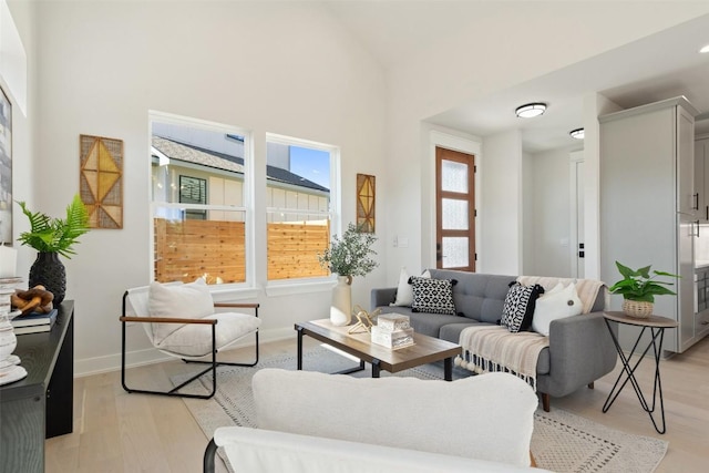 living room featuring light hardwood / wood-style floors and a high ceiling