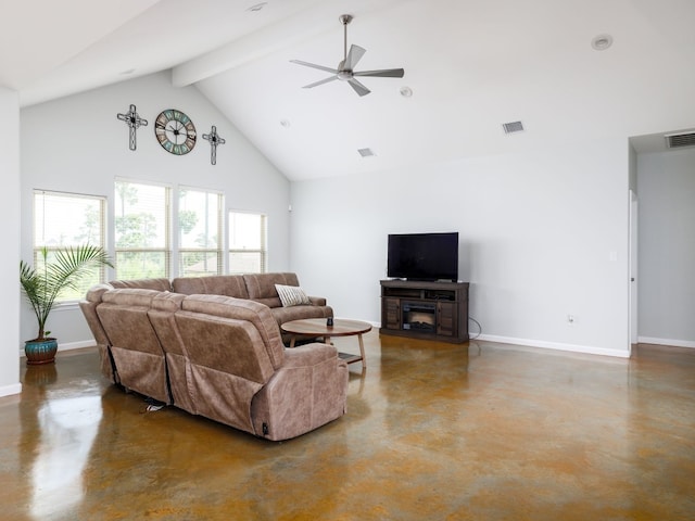 living room with a fireplace, ceiling fan, beamed ceiling, and high vaulted ceiling