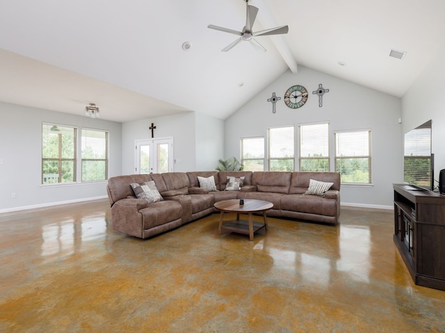 living room with high vaulted ceiling, beam ceiling, ceiling fan, and french doors