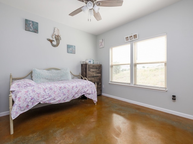 bedroom featuring concrete floors and ceiling fan