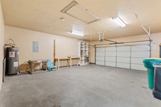 garage with water heater, a garage door opener, and electric panel