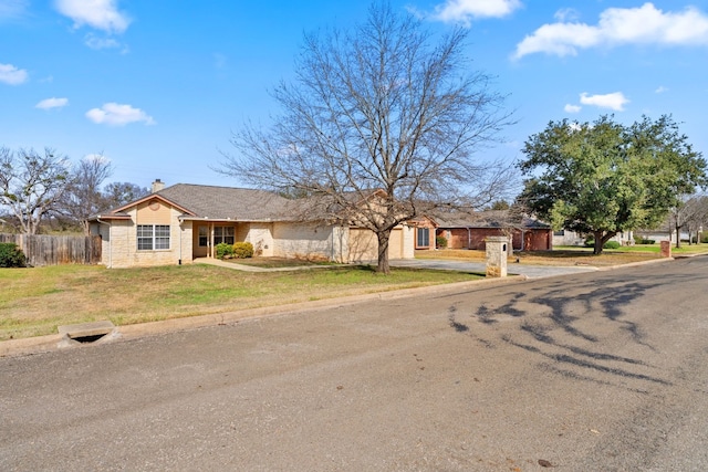 single story home with a front lawn