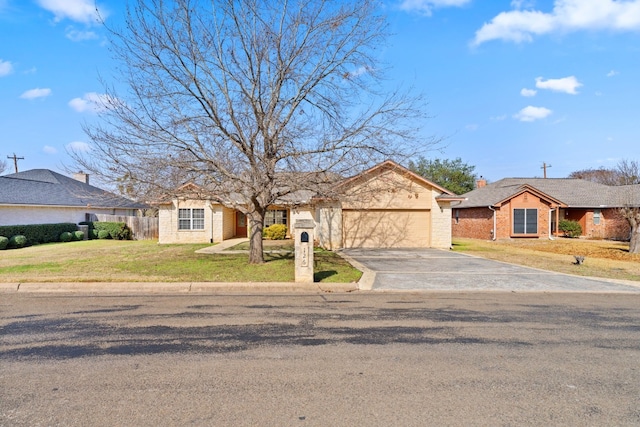 ranch-style home featuring a garage and a front lawn