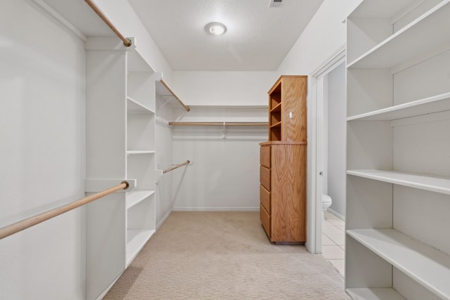 walk in closet with light carpet