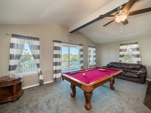 rec room featuring pool table, a healthy amount of sunlight, ceiling fan, and vaulted ceiling with beams