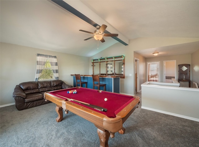 game room with carpet, pool table, ceiling fan, and lofted ceiling with beams