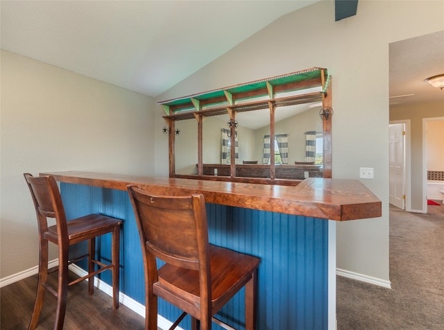 bar featuring vaulted ceiling and dark carpet