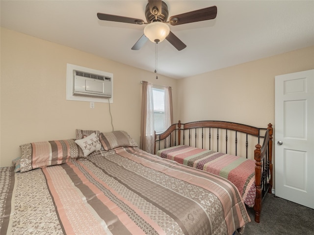 bedroom featuring dark carpet, ceiling fan, and a wall mounted air conditioner