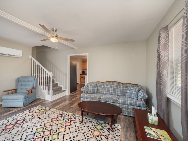 bedroom with ceiling fan, dark hardwood / wood-style floors, and a wall mounted AC