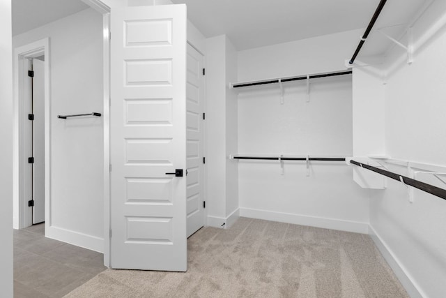 walk in closet with light colored carpet