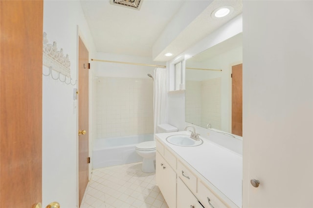 full bathroom featuring tile patterned flooring, shower / bath combination with curtain, toilet, and vanity