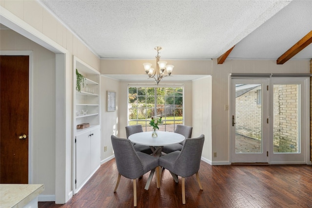 dining space with dark hardwood / wood-style flooring, beamed ceiling, a textured ceiling, and a notable chandelier