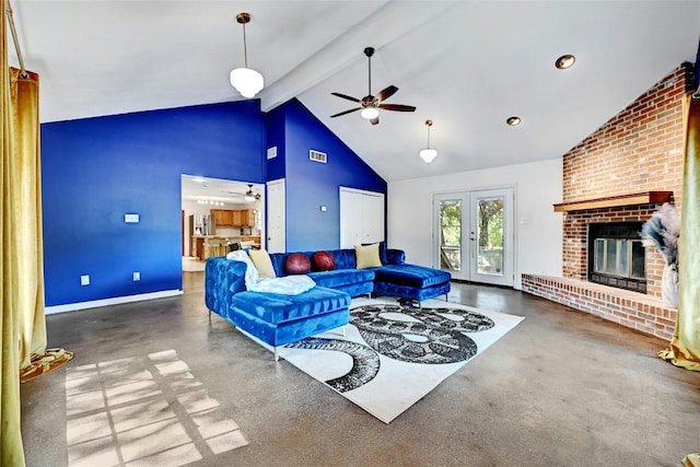 living room with high vaulted ceiling, a fireplace, beam ceiling, ceiling fan, and french doors