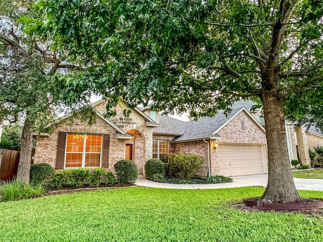 view of front of house with a garage and a front lawn