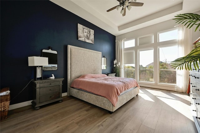 bedroom with multiple windows, a raised ceiling, hardwood / wood-style floors, and ceiling fan