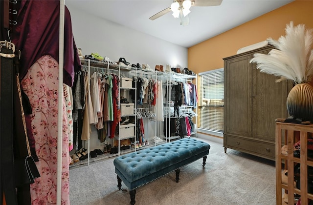 spacious closet featuring light carpet and ceiling fan