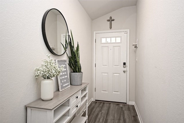 doorway with lofted ceiling and dark wood-type flooring