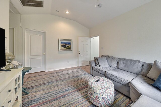 4525 Bell Springs Rd, Dripping Springs, TX 78620 - living area with visible vents, vaulted ceiling, and light tile patterned floors