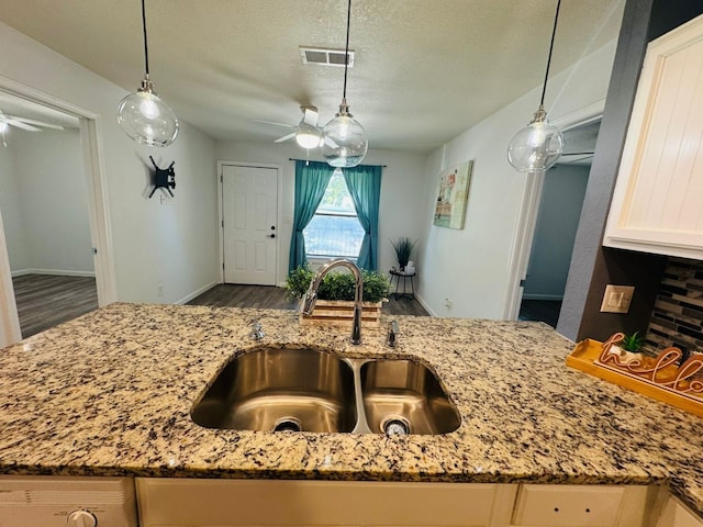1624 Aquarena Springs Dr Unit G154, San Marcos, TX 78666 - kitchen featuring a ceiling fan, light stone countertops, wood finished floors, and a textured ceiling