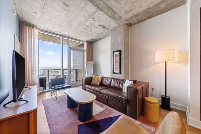 living room with light hardwood / wood-style floors and expansive windows