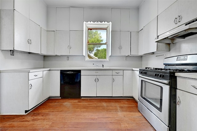 kitchen with white cabinets, dishwasher, stainless steel range with gas stovetop, and light wood-type flooring