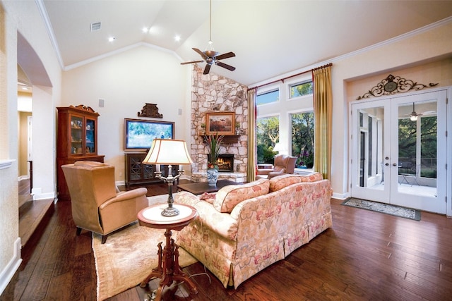 living room featuring a fireplace, dark hardwood / wood-style floors, and a wealth of natural light