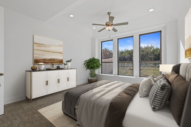 bedroom featuring carpet floors, recessed lighting, a ceiling fan, and baseboards