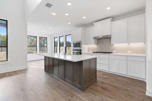 kitchen featuring wall oven, stainless steel microwave, under cabinet range hood, gas cooktop, and a sink