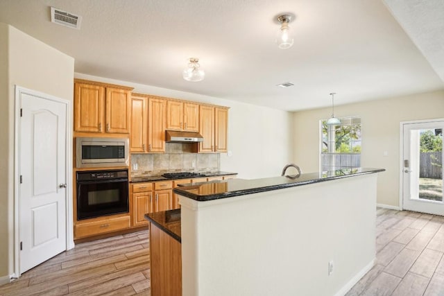 17006 Brewer Blackbird Dr, Pflugerville, TX 78660 - kitchen featuring oven, stainless steel microwave, under cabinet range hood, light wood-style floors, and gas cooktop