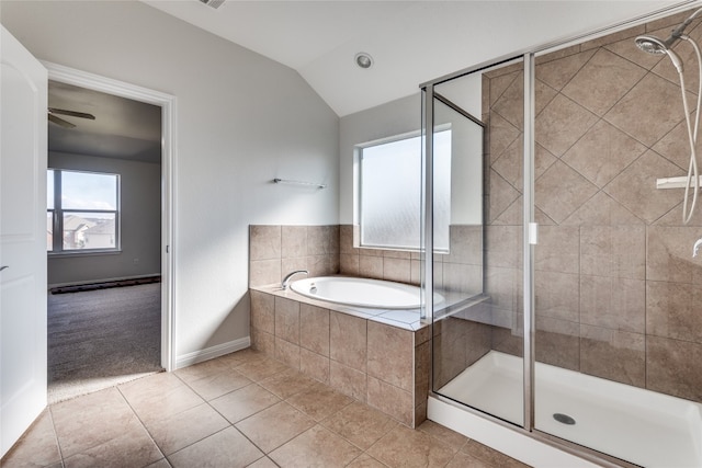 bathroom with ceiling fan, tile patterned flooring, independent shower and bath, and lofted ceiling