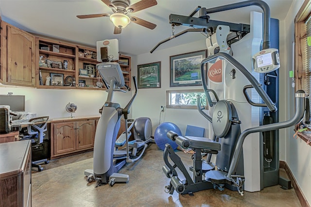 workout room with ceiling fan