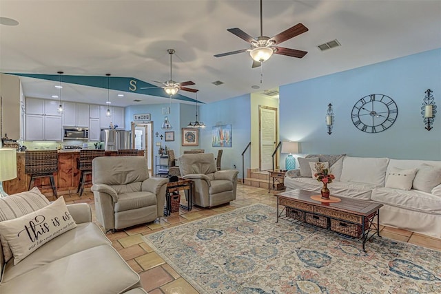 1104 Hill Circle W Dr, Granite Shoals, TX 78654 - living room featuring a ceiling fan and vaulted ceiling