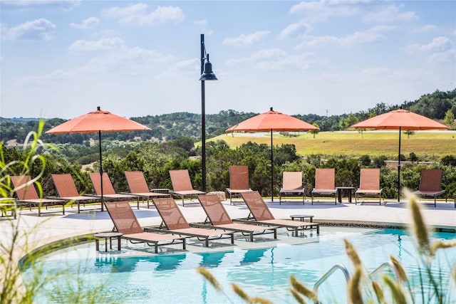 view of swimming pool featuring a patio area