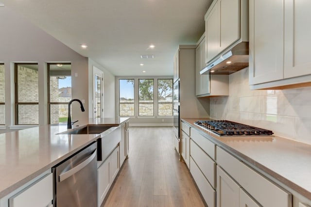 kitchen featuring backsplash, stainless steel appliances, sink, exhaust hood, and light hardwood / wood-style floors