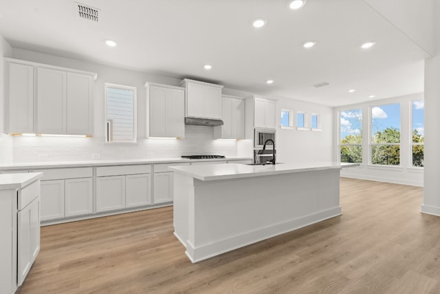 kitchen with white cabinetry, sink, a kitchen island with sink, and light hardwood / wood-style flooring