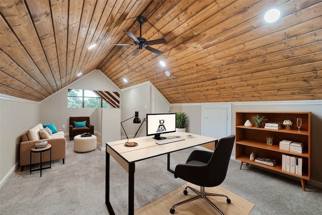 office area with wood ceiling, vaulted ceiling, ceiling fan, and light colored carpet