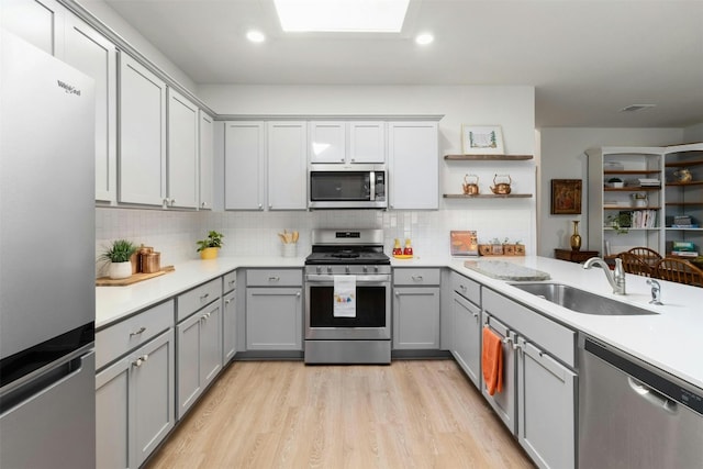 kitchen featuring open shelves, appliances with stainless steel finishes, light countertops, and a sink