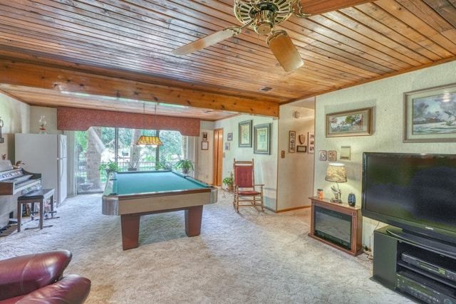 recreation room featuring ceiling fan, wood ceiling, light carpet, and pool table