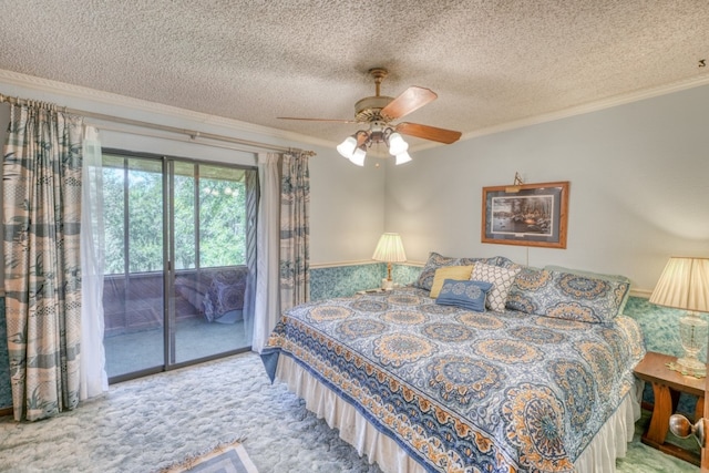 bedroom featuring a textured ceiling, carpet, access to outside, and ceiling fan