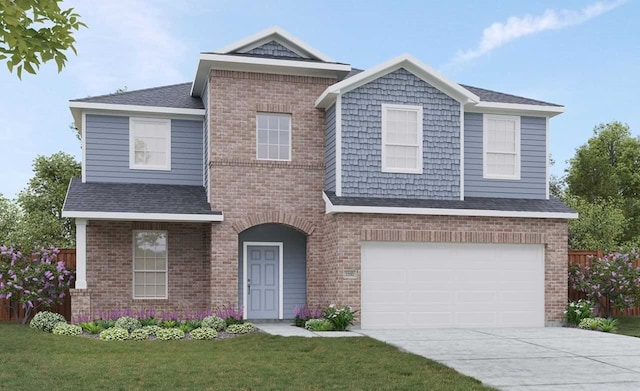 view of front facade with brick siding, concrete driveway, a front yard, and fence