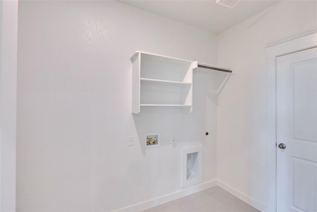 clothes washing area with electric dryer hookup, hookup for a gas dryer, baseboards, hookup for a washing machine, and laundry area