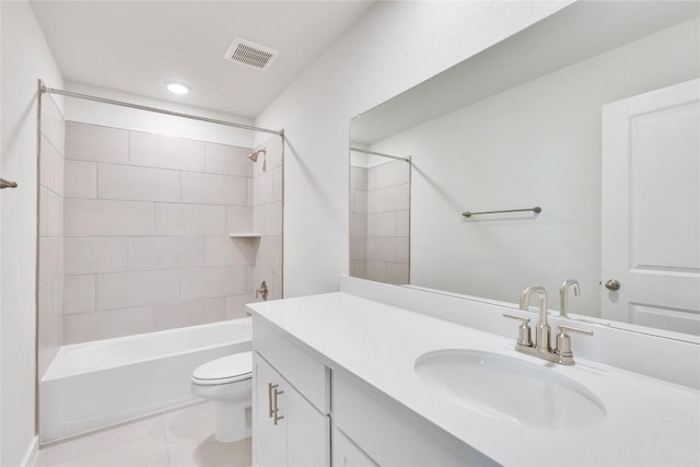 bathroom featuring visible vents, toilet, recessed lighting, bathing tub / shower combination, and vanity