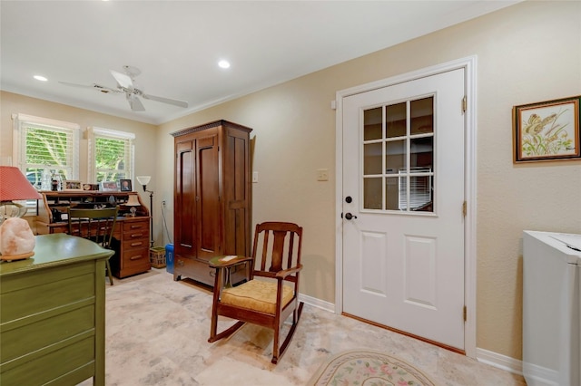 interior space with baseboards, a ceiling fan, and recessed lighting