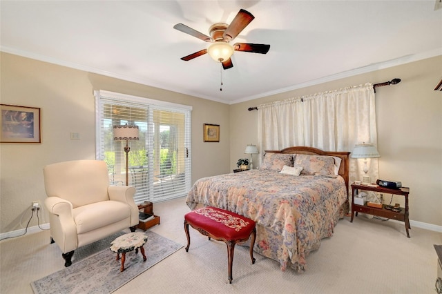 bedroom featuring light colored carpet, crown molding, baseboards, and ceiling fan